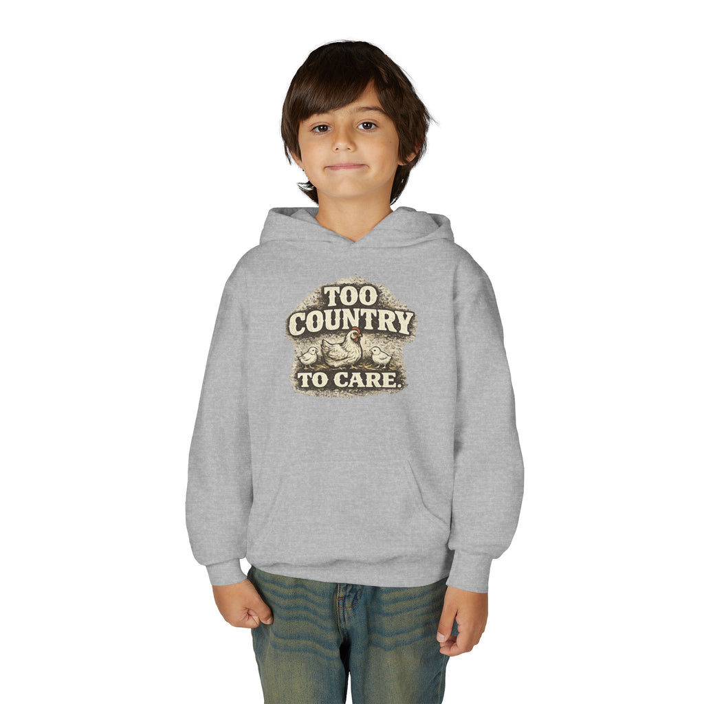 Youth Hoodie — 'Too Country to Care' / Appalachian Faith Graphic