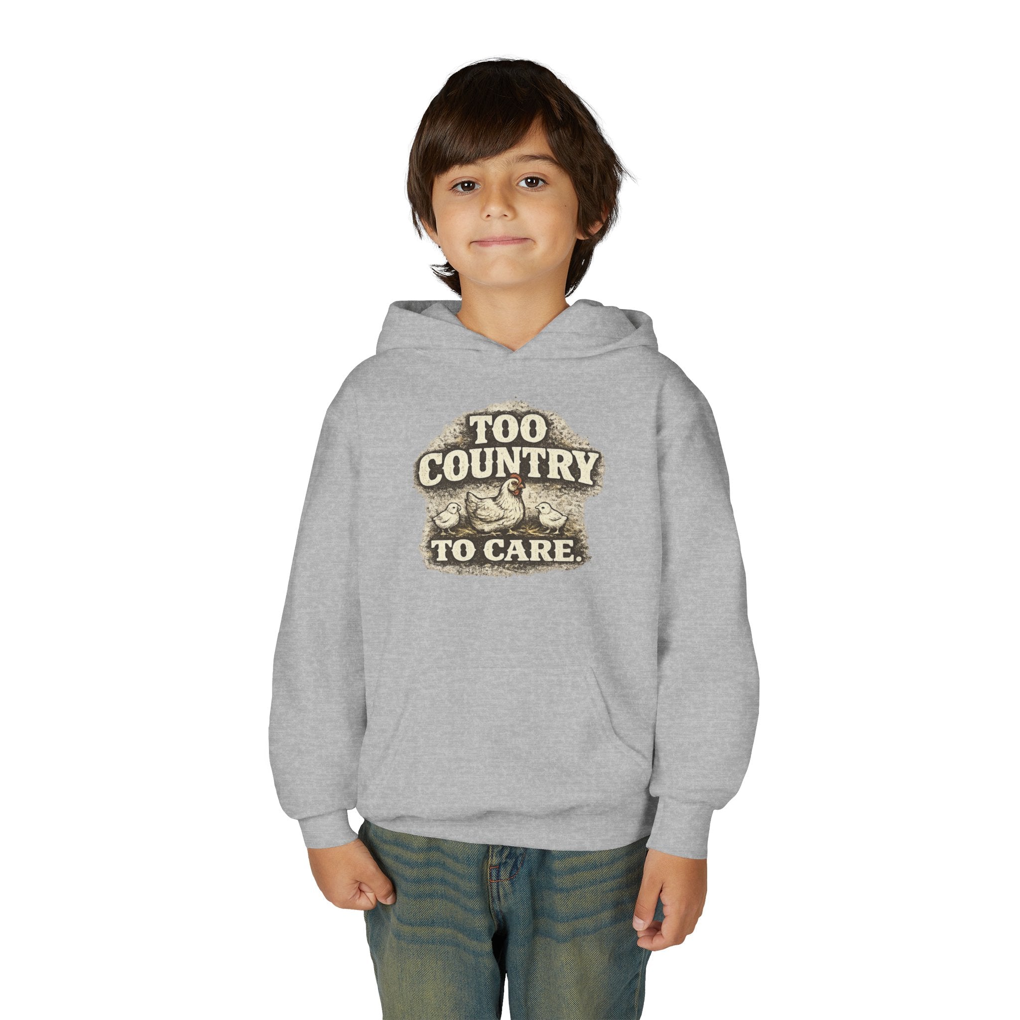 Youth Hoodie — 'Too Country to Care' / Appalachian Faith Graphic