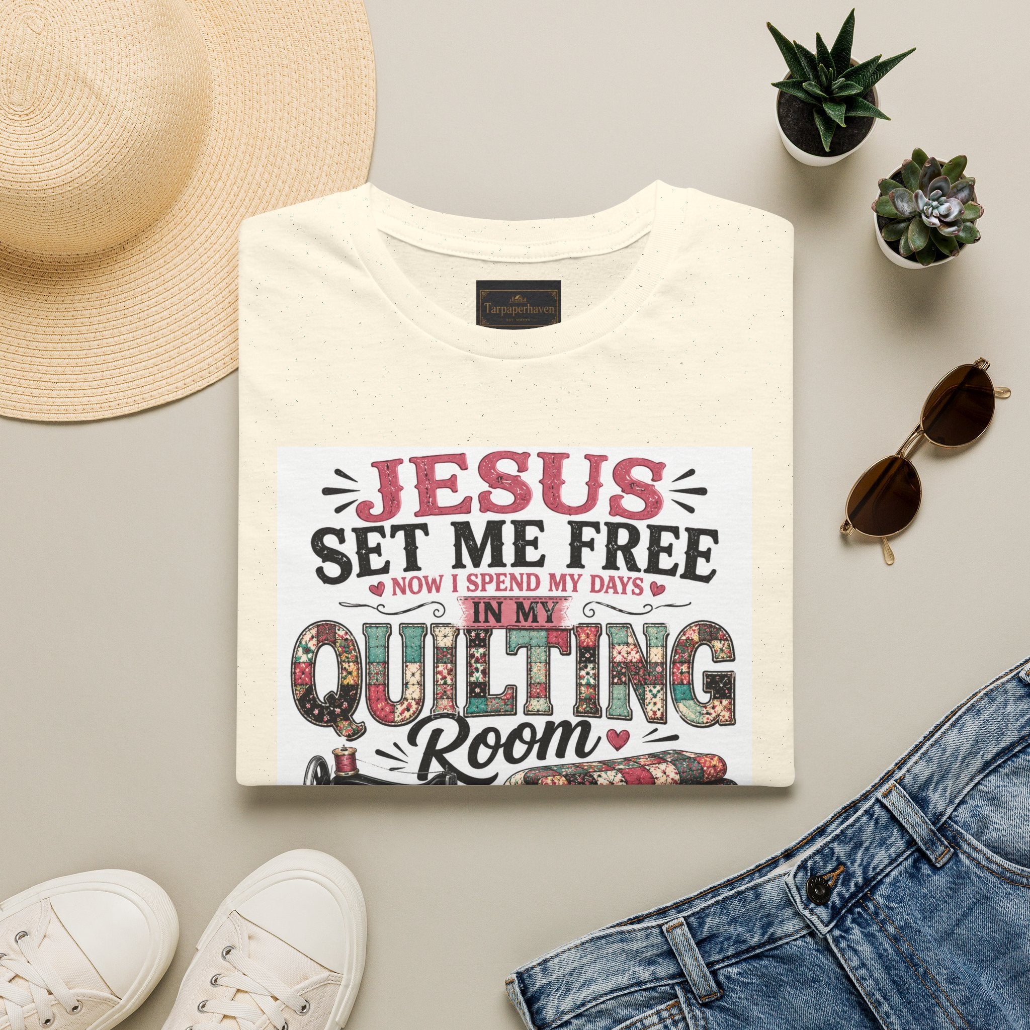 Quilting T-Shirt — "Jesus Set Me Free" Faithful Quilter Tee