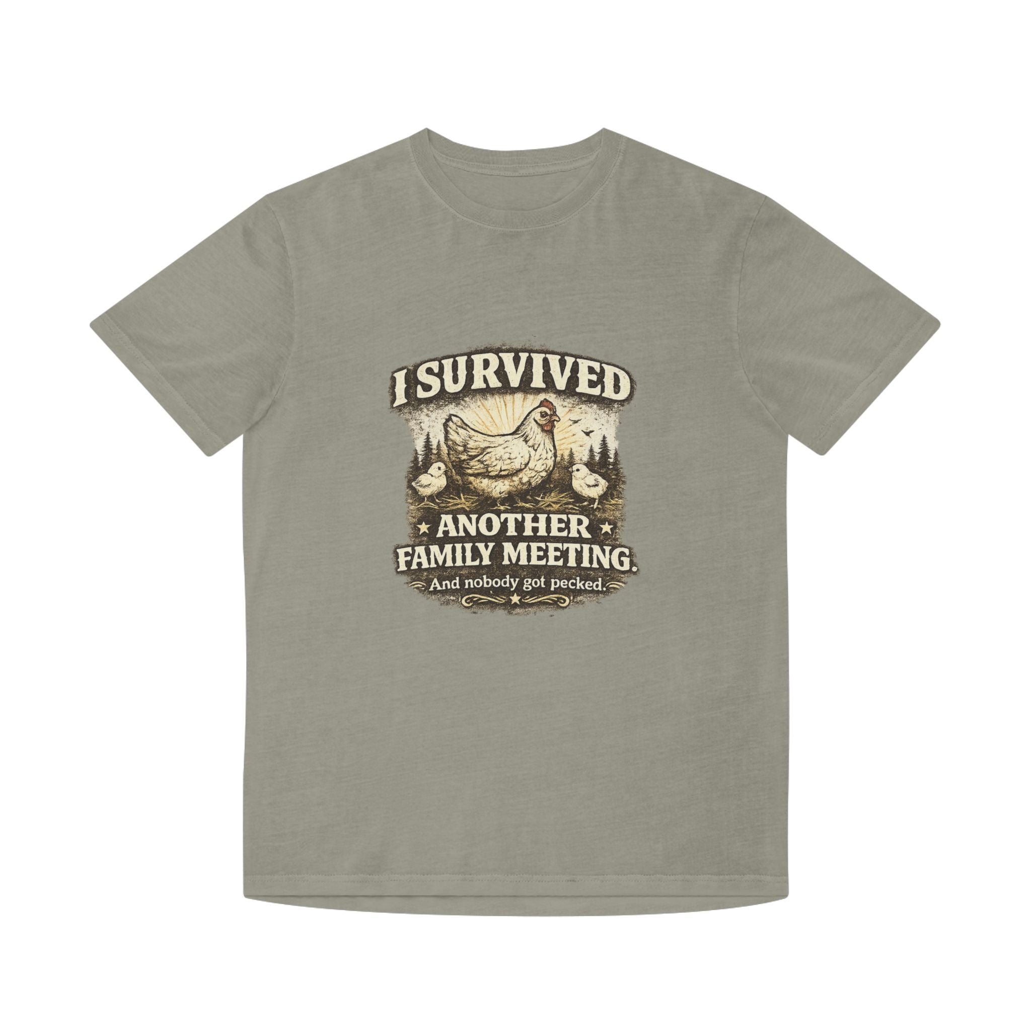 T-Shirt — "I Survived Another Family Meeting" Vintage Chicken Humor Tee