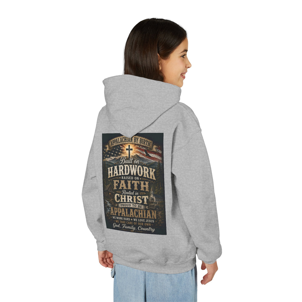Youth Hoodie — 'Too Country to Care' / Appalachian Faith Graphic