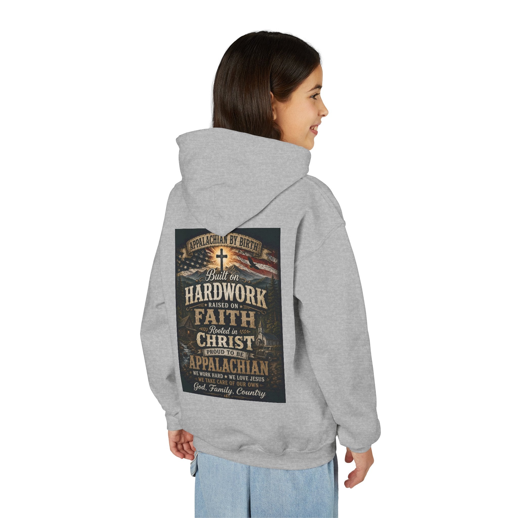Youth Hoodie — 'Too Country to Care' / Appalachian Faith Graphic