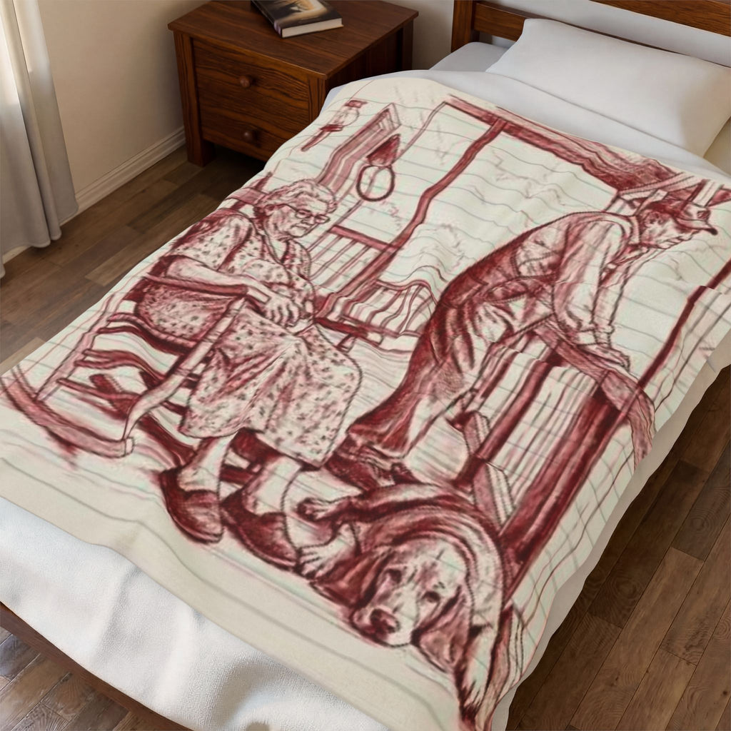 Red work Portrait Velveteen Plush Blanket — Vintage Sketch of Elder Couple & Dog