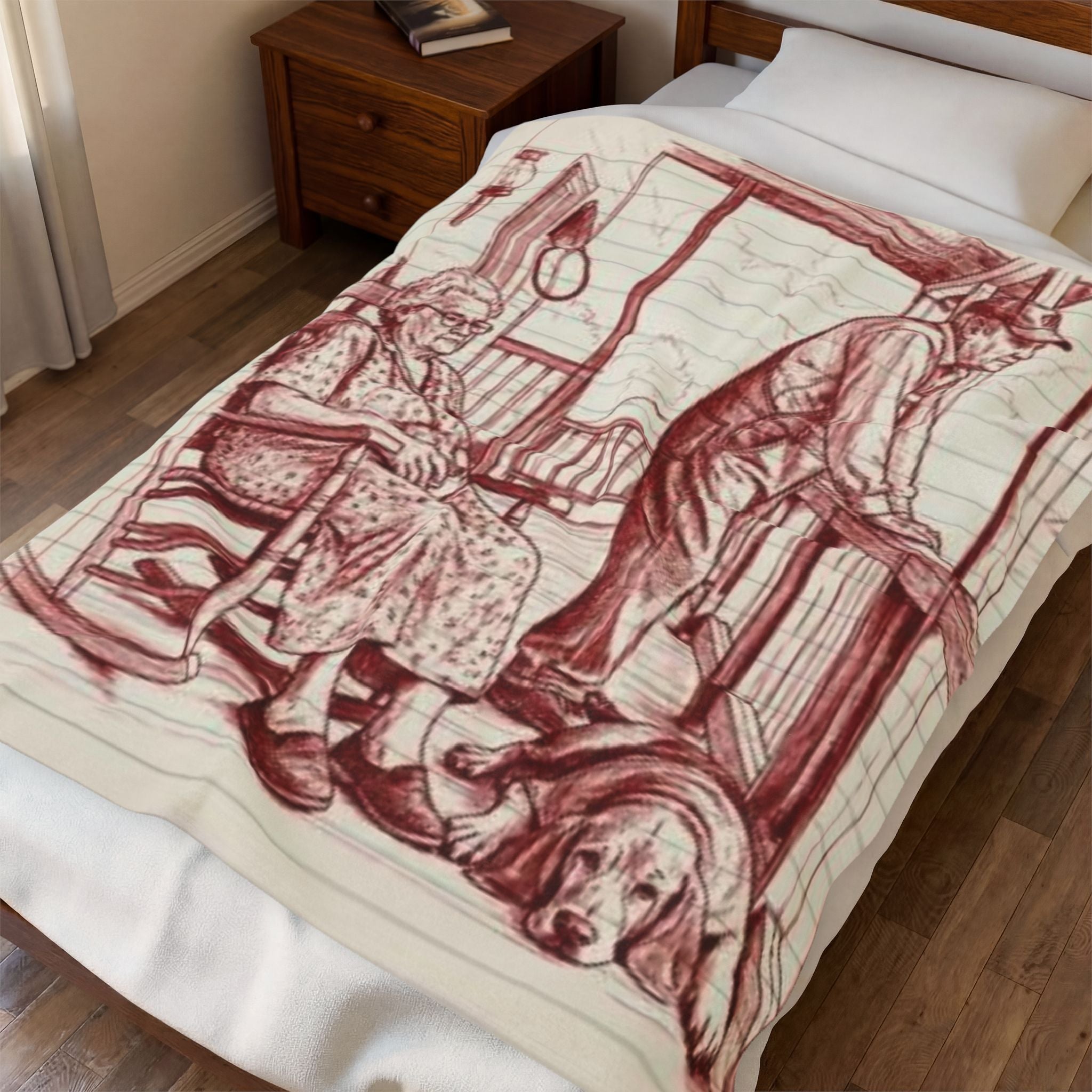 Red work Portrait Velveteen Plush Blanket — Vintage Sketch of Elder Couple & Dog