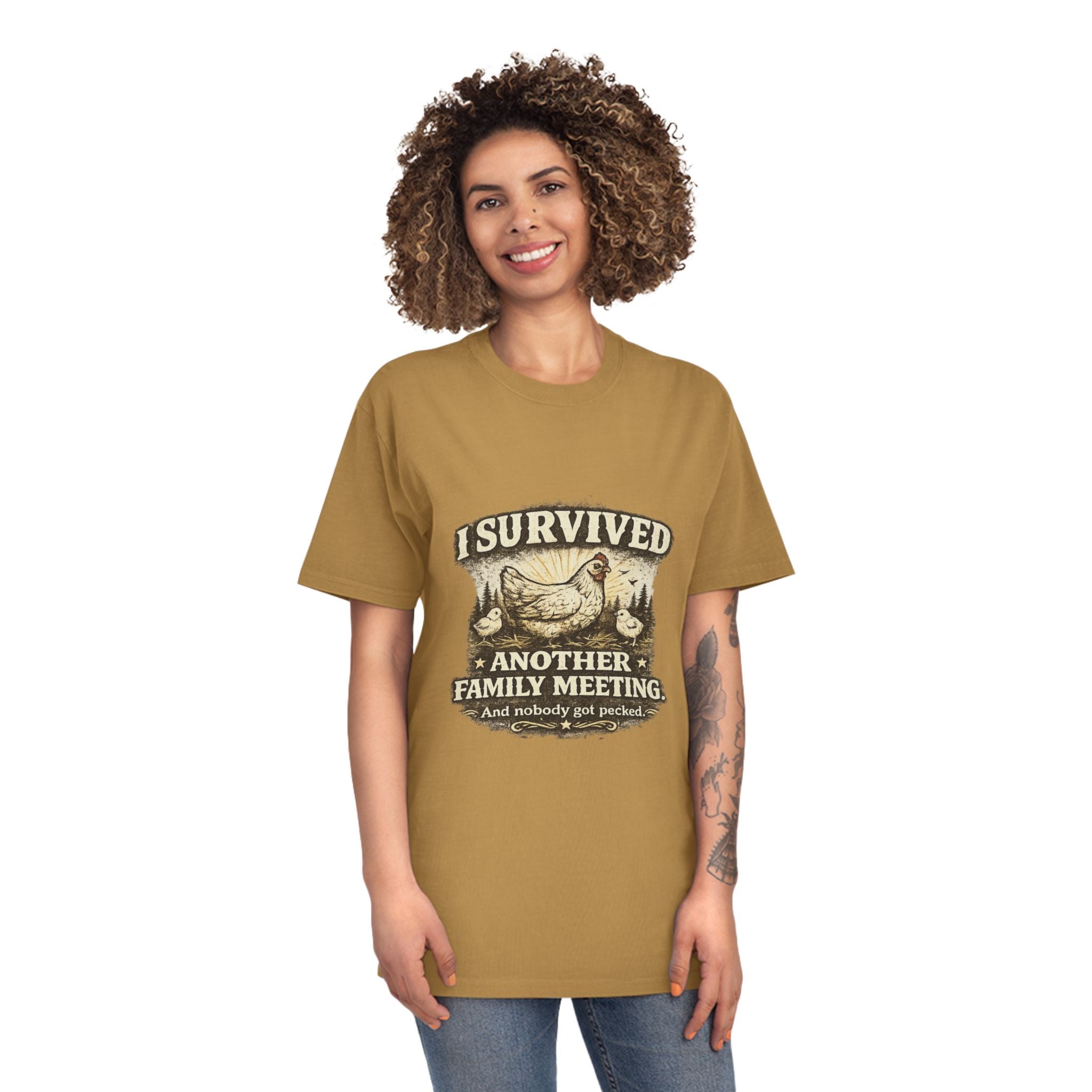 T-Shirt — "I Survived Another Family Meeting" Vintage Chicken Humor Tee