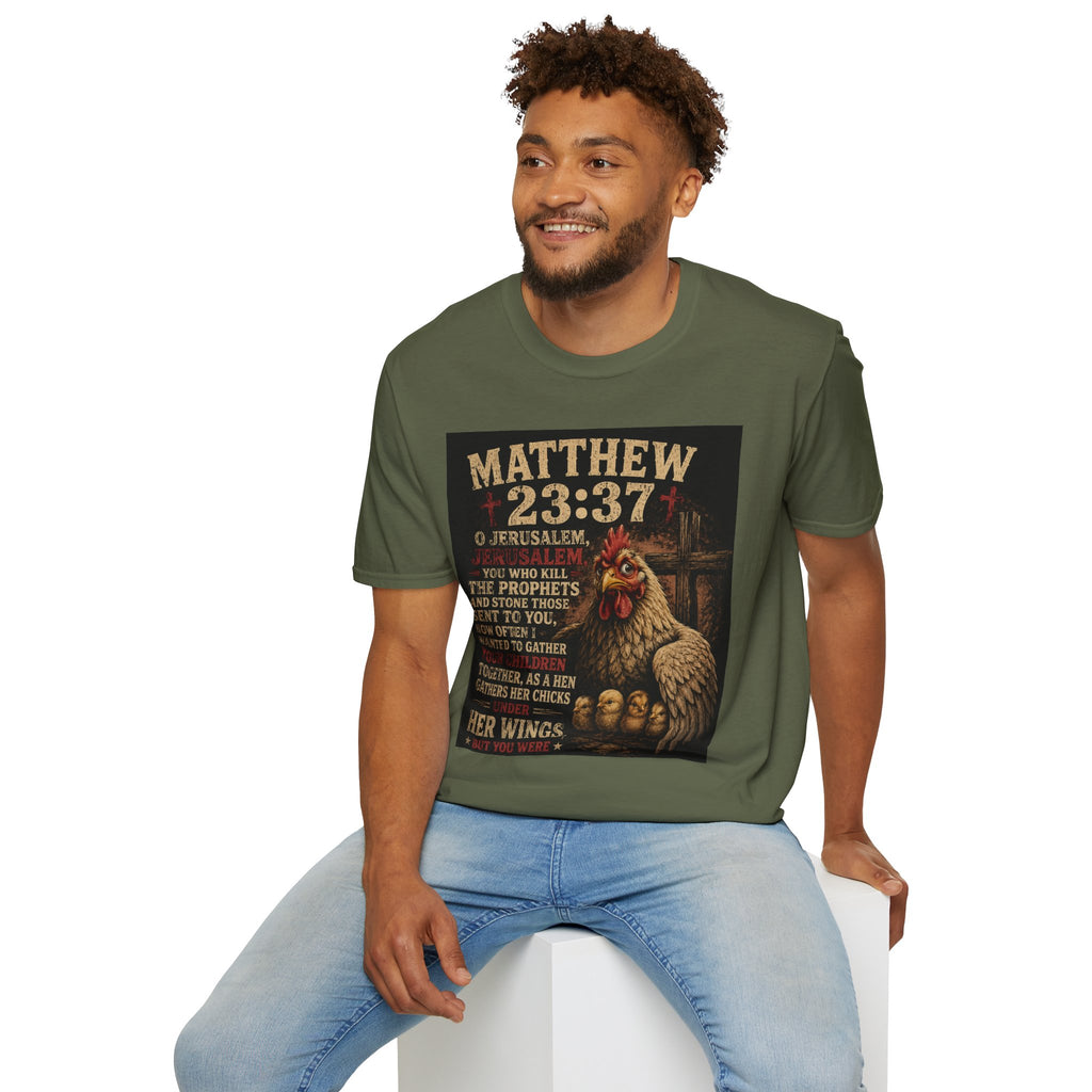 Matthew 23:37 Scripture T-Shirt — Jerusalem Biblical Verse Hen Design