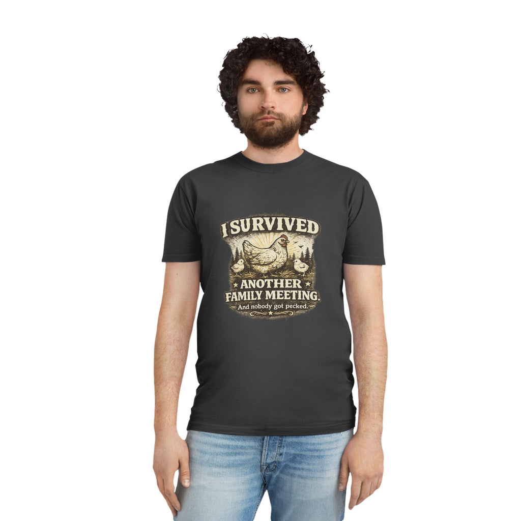 T-Shirt — "I Survived Another Family Meeting" Vintage Chicken Humor Tee