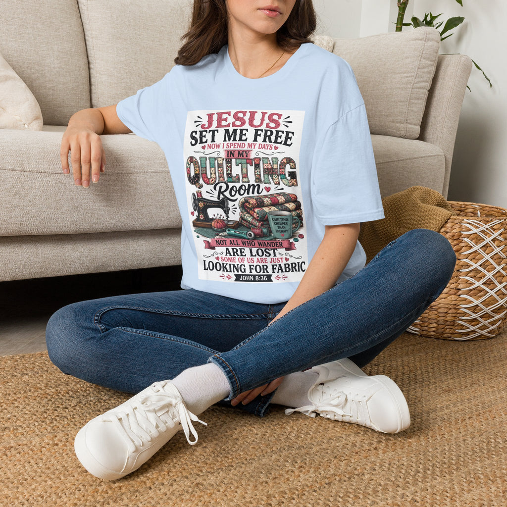 Quilting T-Shirt — "Jesus Set Me Free" Faithful Quilter Tee