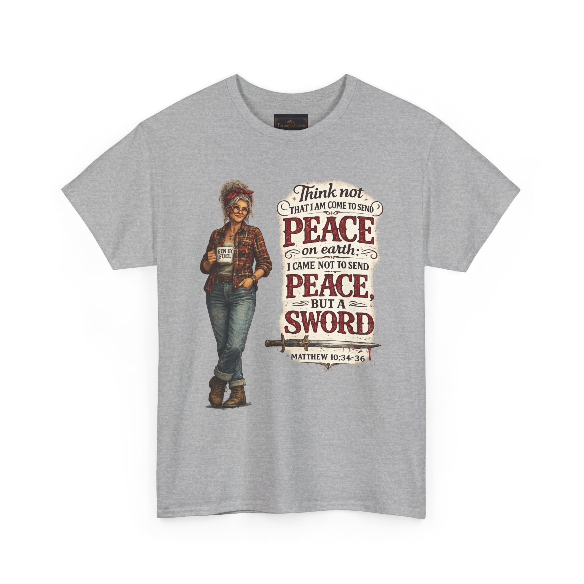 Christian Faith Tee — "I Come Not to Send Peace but a Sword" Matthew 10:34 Graphic Shirt