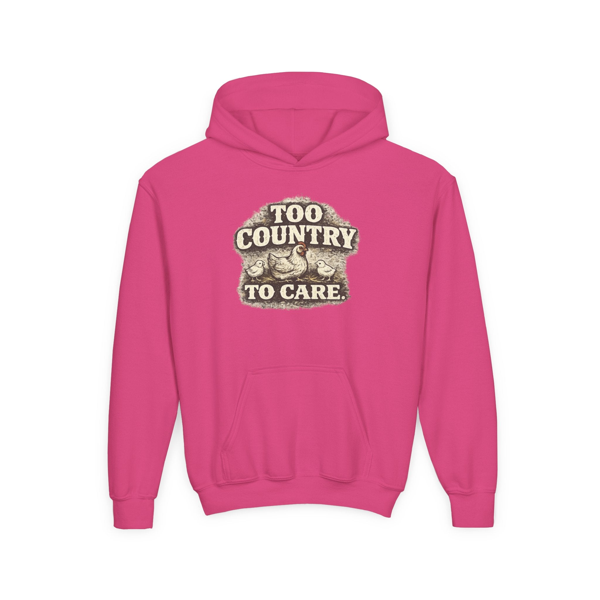 Youth Hoodie — 'Too Country to Care' / Appalachian Faith Graphic