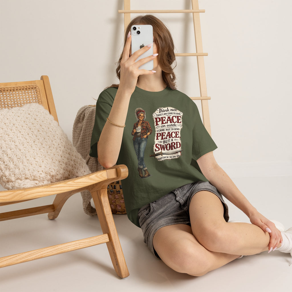 Christian Faith Tee — "I Come Not to Send Peace but a Sword" Matthew 10:34 Graphic Shirt