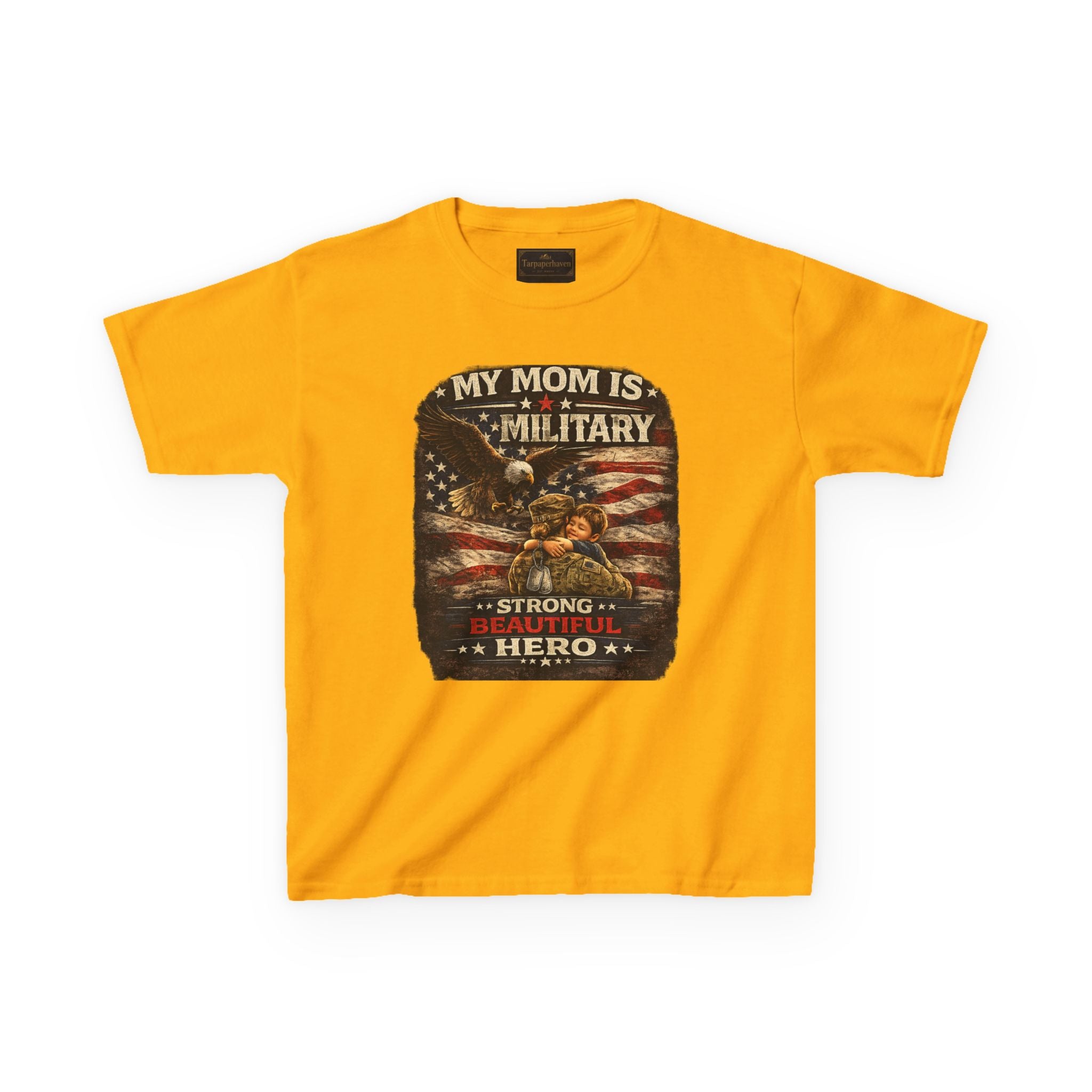 Kids Tee — "My Mom Is Military" Patriotic American Flag Shirt