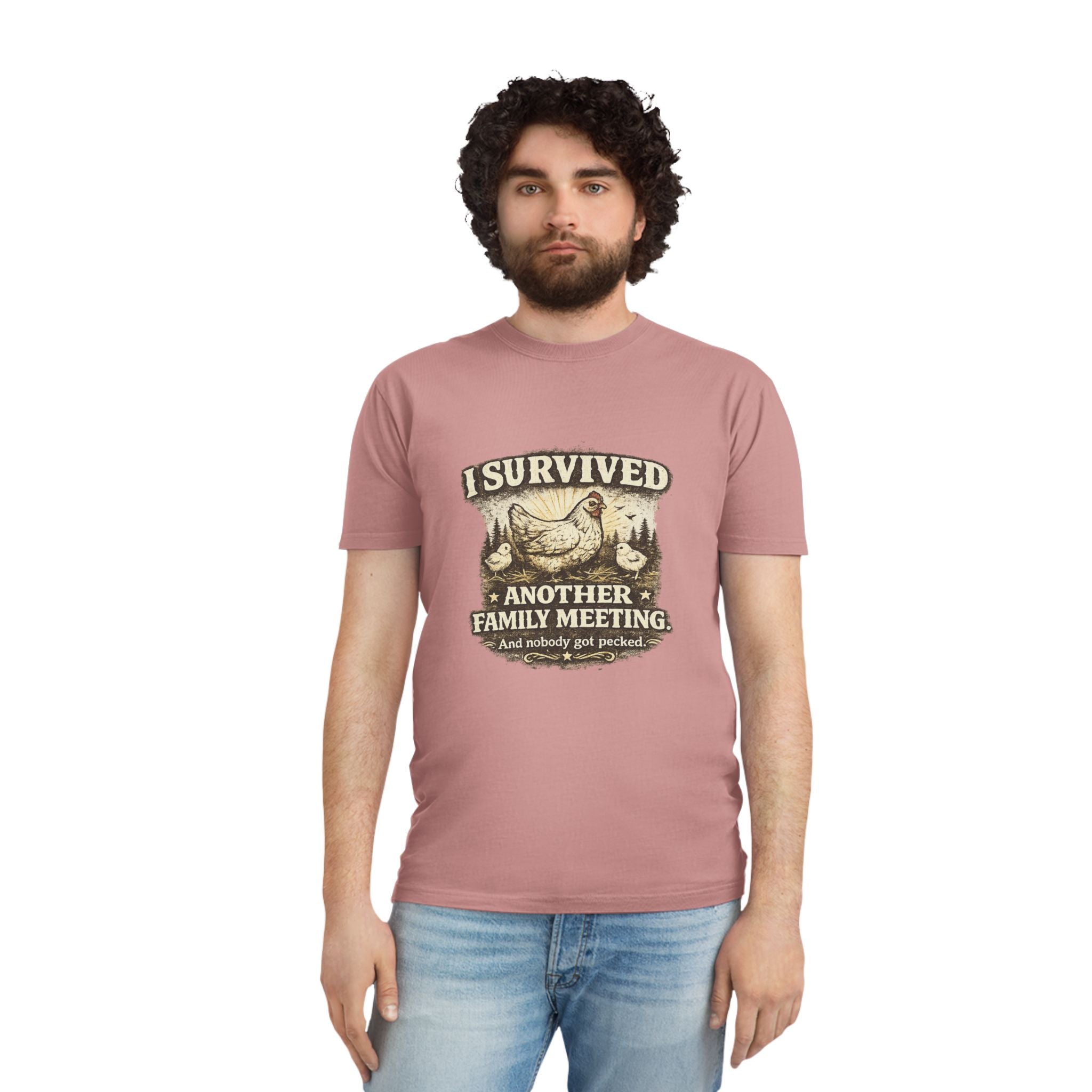 T-Shirt — "I Survived Another Family Meeting" Vintage Chicken Humor Tee