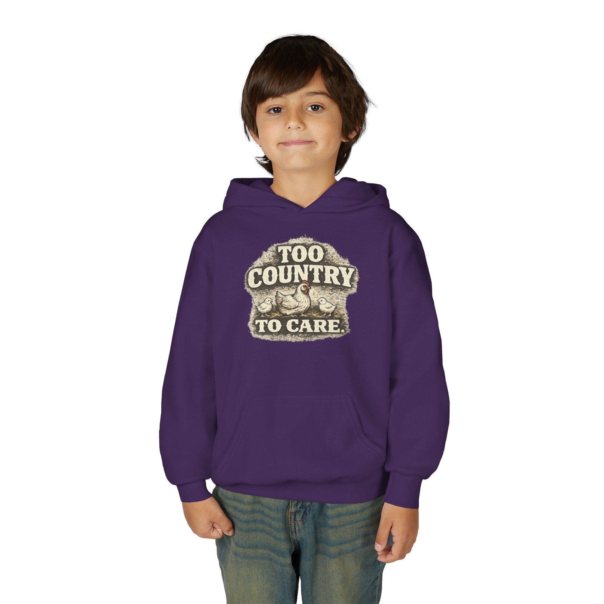 Youth Hoodie — 'Too Country to Care' / Appalachian Faith Graphic