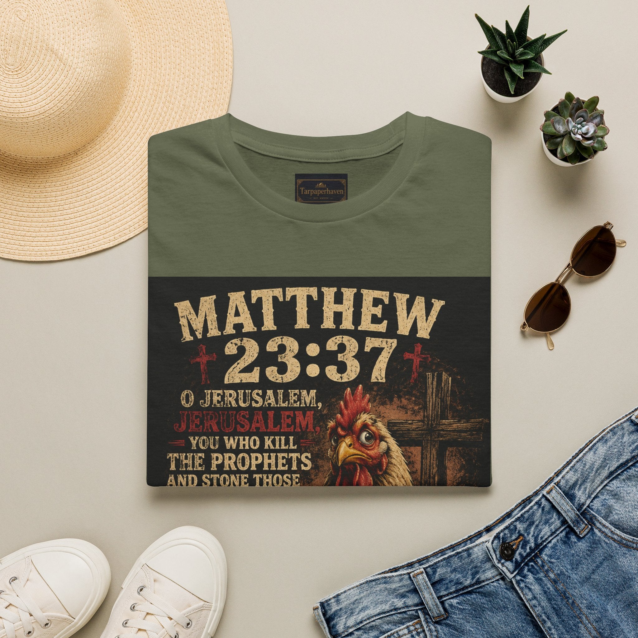 Matthew 23:37 Scripture T-Shirt — Jerusalem Biblical Verse Hen Design