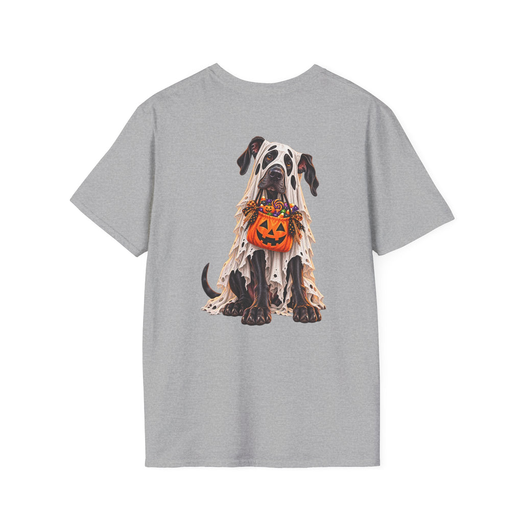 Halloween Dog T-Shirt — Great Dane with Pumpkin Candy Pail