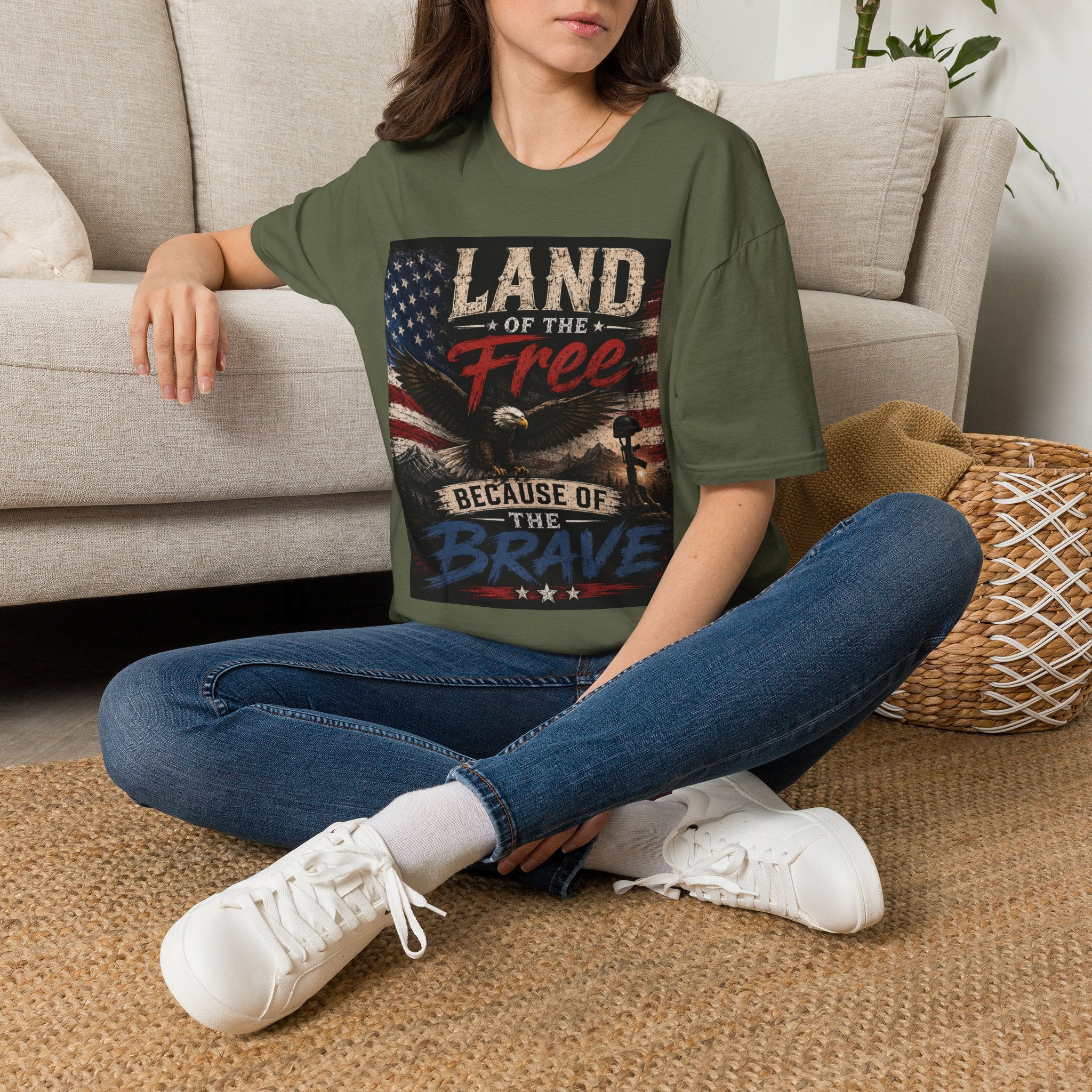 Land of the Free T‑Shirt — Vintage American Flag & Bald Eagle "Because of the Brave"