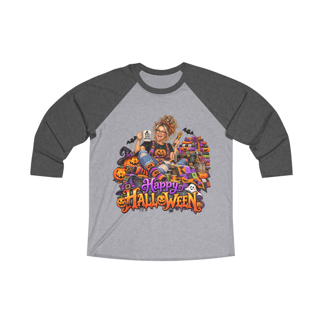 Happy Halloween Raglan Tee — Spooky Pumpkin Party Graphic 3/4 Sleeve