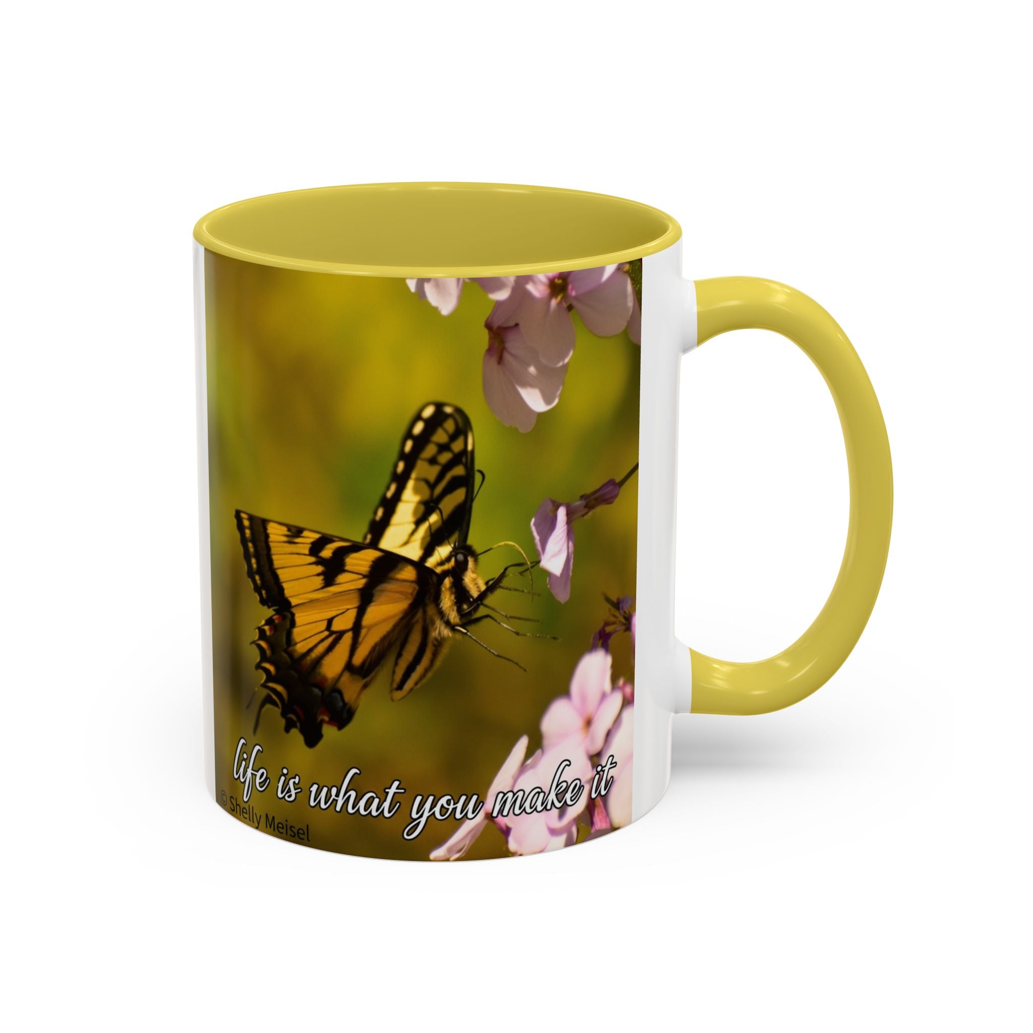Butterfly Floral Mug — "Life Is What You Make It" Inspirational Coffee Cup