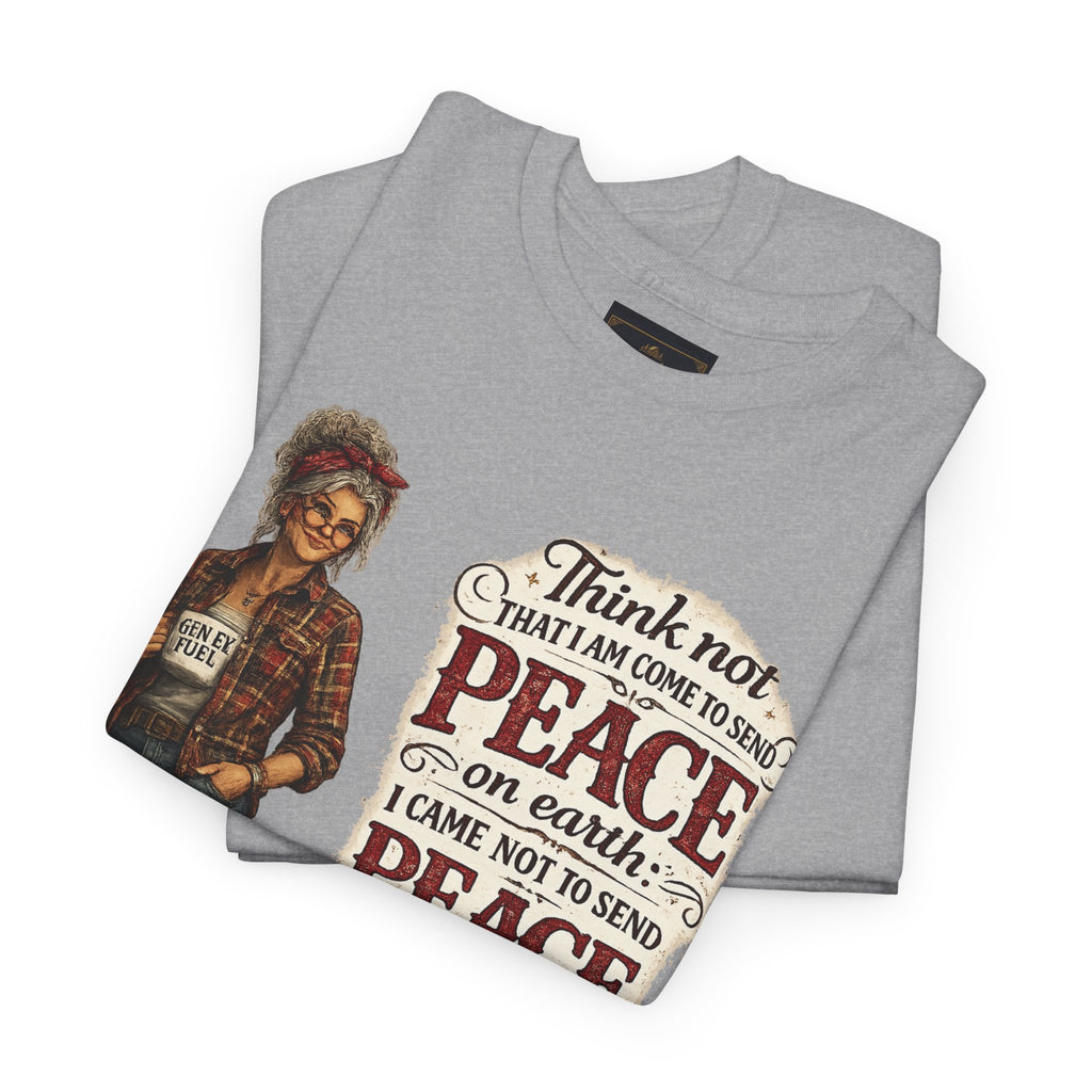 Christian Faith Tee — "I Come Not to Send Peace but a Sword" Matthew 10:34 Graphic Shirt