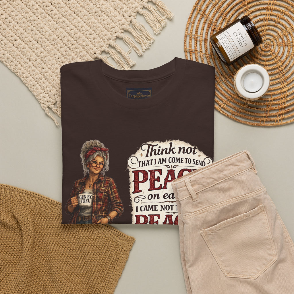 Christian Faith Tee — "I Come Not to Send Peace but a Sword" Matthew 10:34 Graphic Shirt