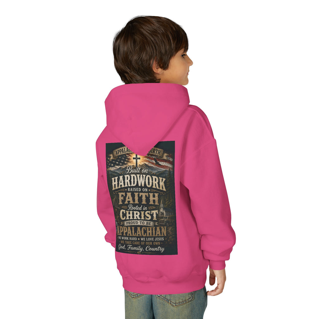 Youth Hoodie — 'Too Country to Care' / Appalachian Faith Graphic