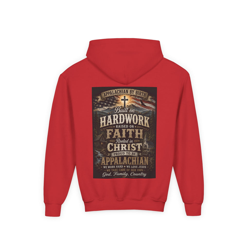 Youth Hoodie — 'Too Country to Care' / Appalachian Faith Graphic