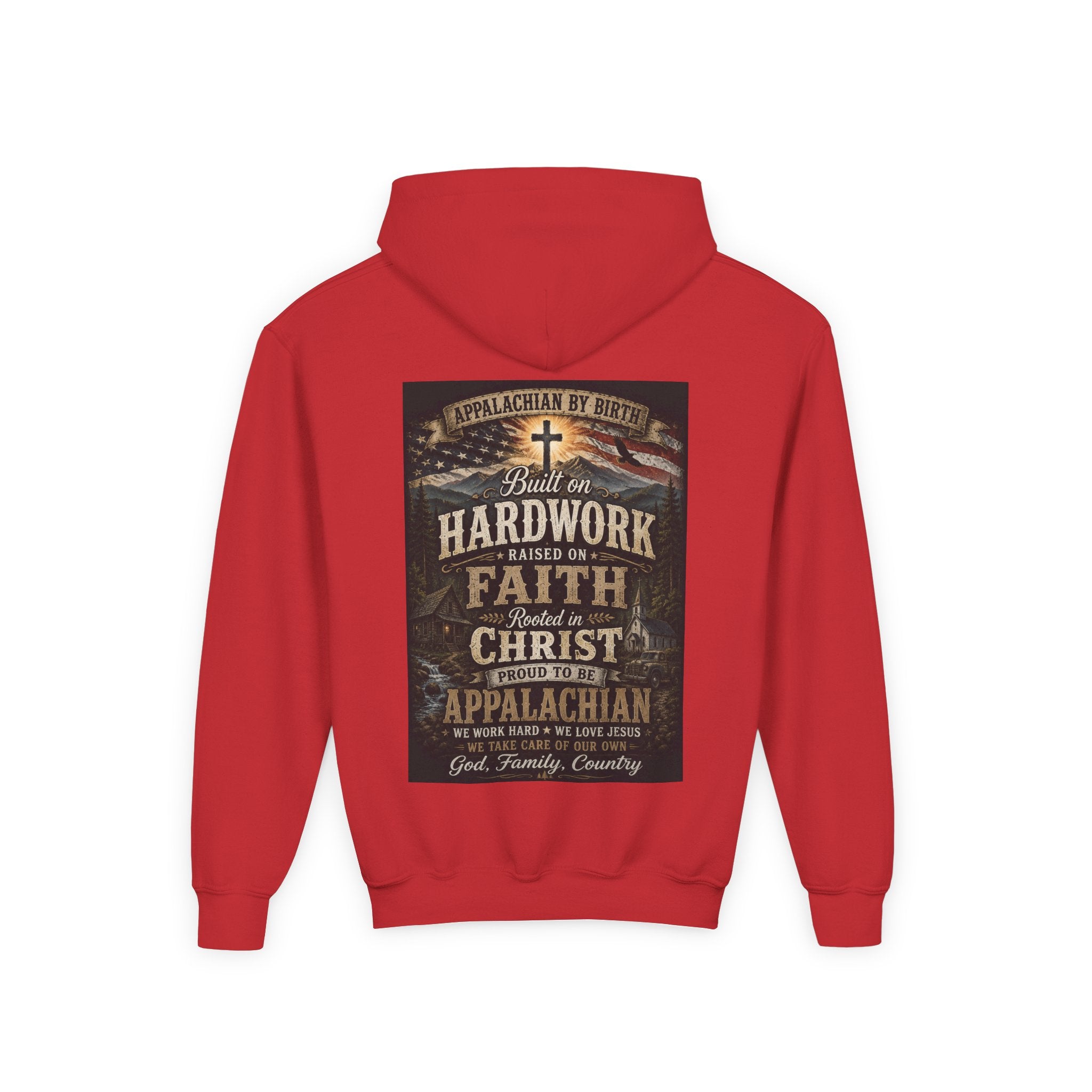 Youth Hoodie — 'Too Country to Care' / Appalachian Faith Graphic