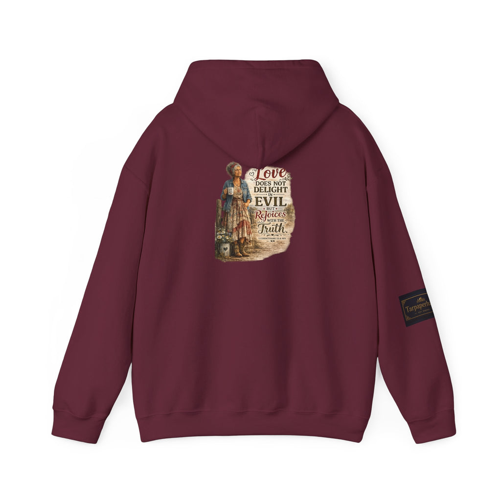 Christian Faith Hoodie - "Love Does Not Delight in Evil" Scripture Sweatshirt