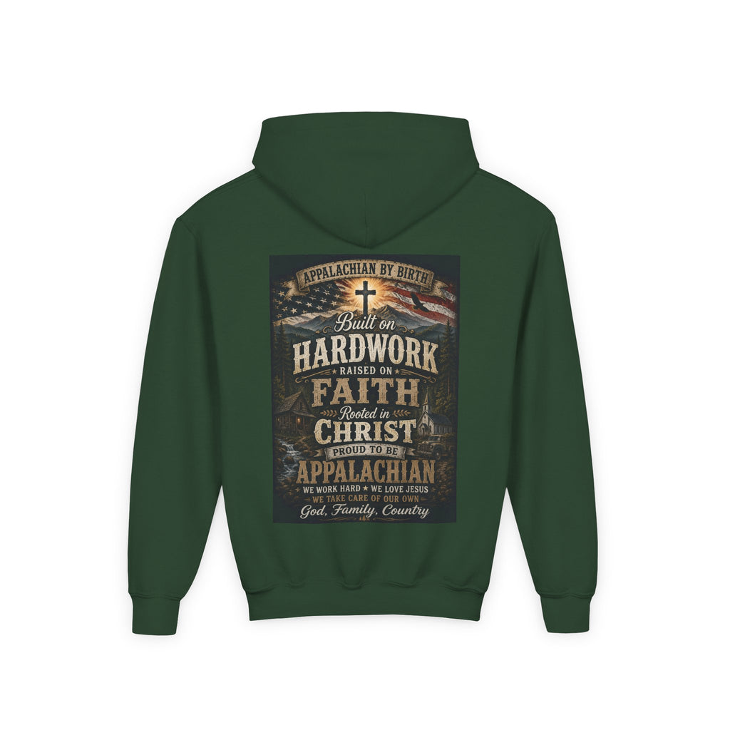 Youth Hoodie — 'Too Country to Care' / Appalachian Faith Graphic