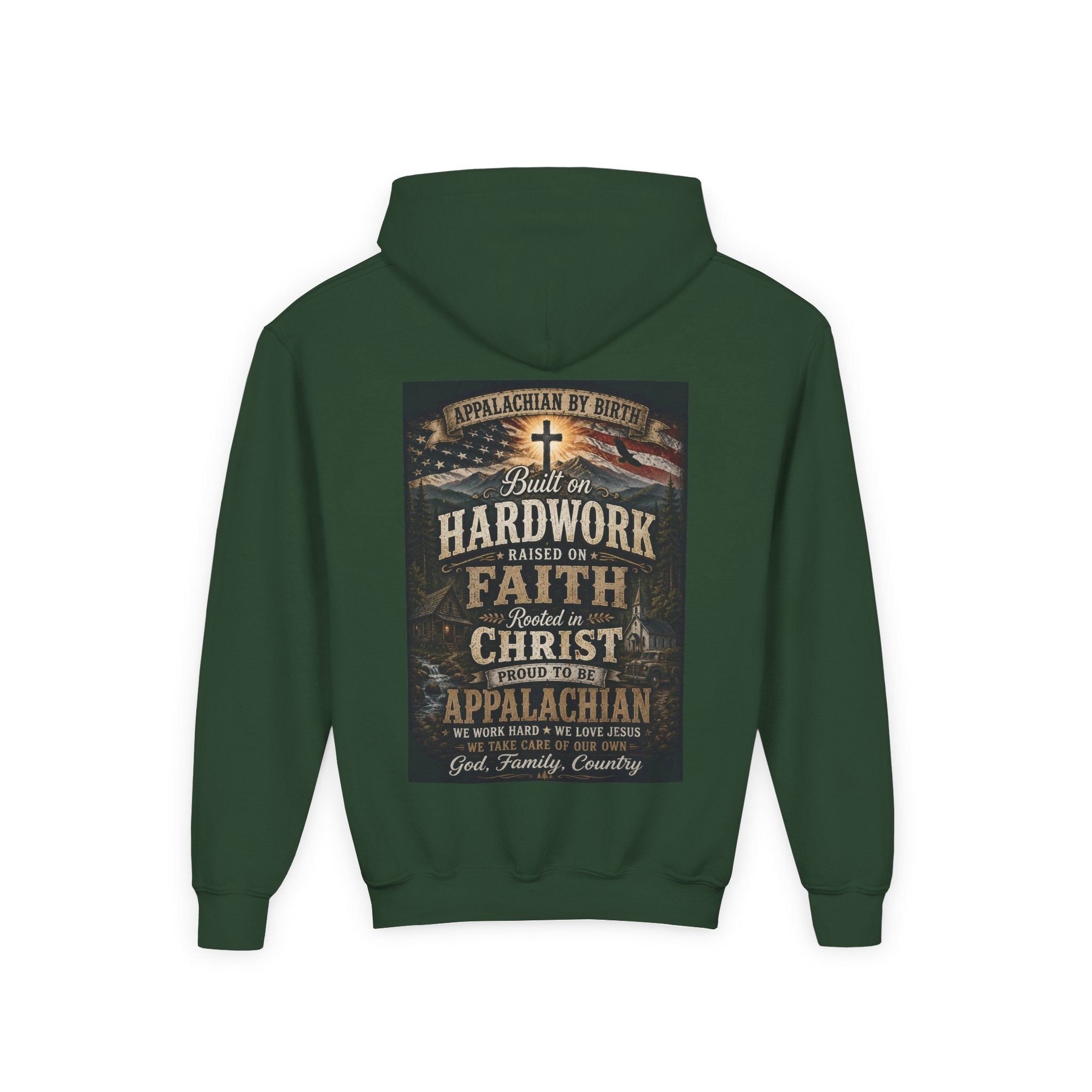 Youth Hoodie — 'Too Country to Care' / Appalachian Faith Graphic