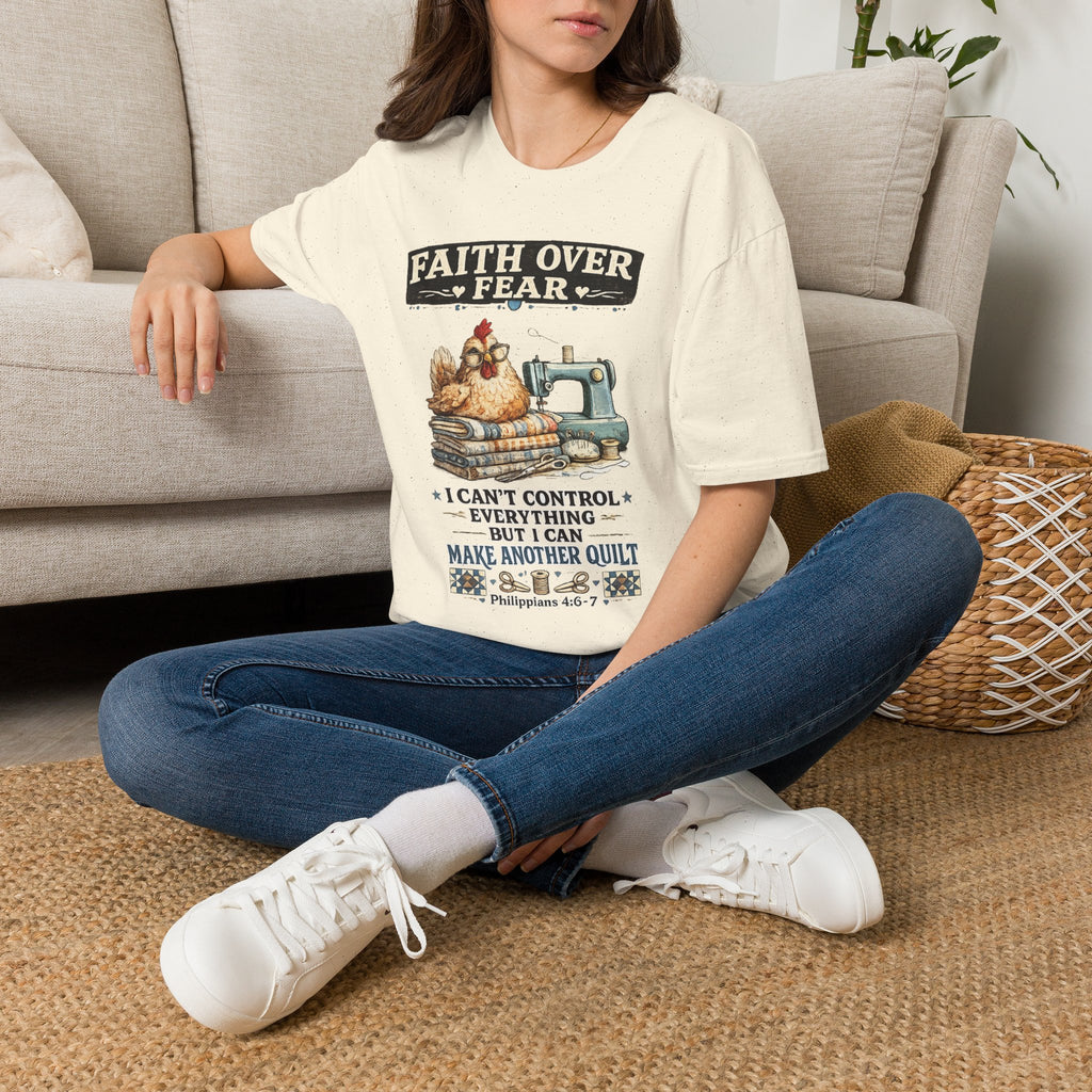 Faith Over Fear Quilting T‑Shirt — Chicken & Sewing Machine Graphic