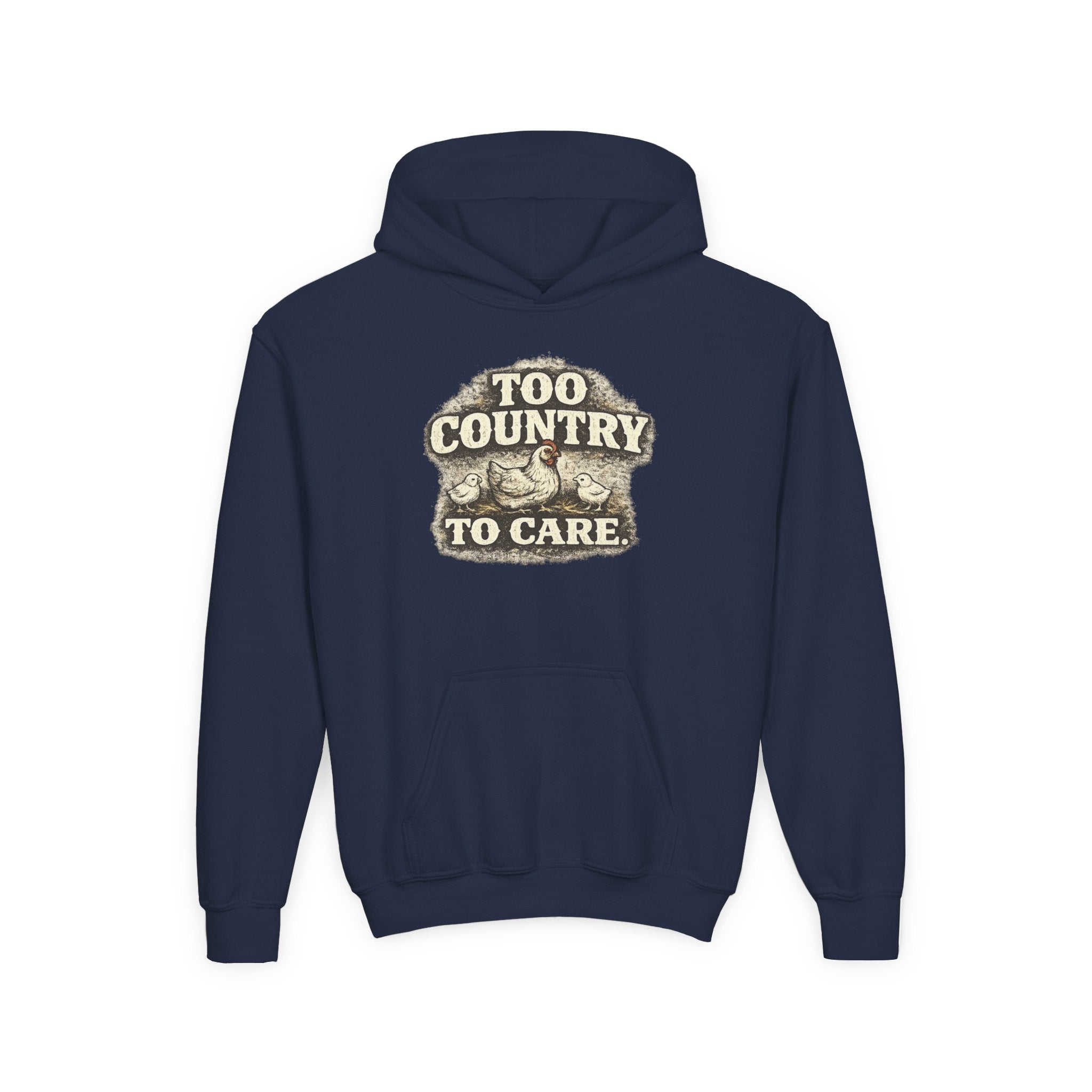 Youth Hoodie — 'Too Country to Care' / Appalachian Faith Graphic