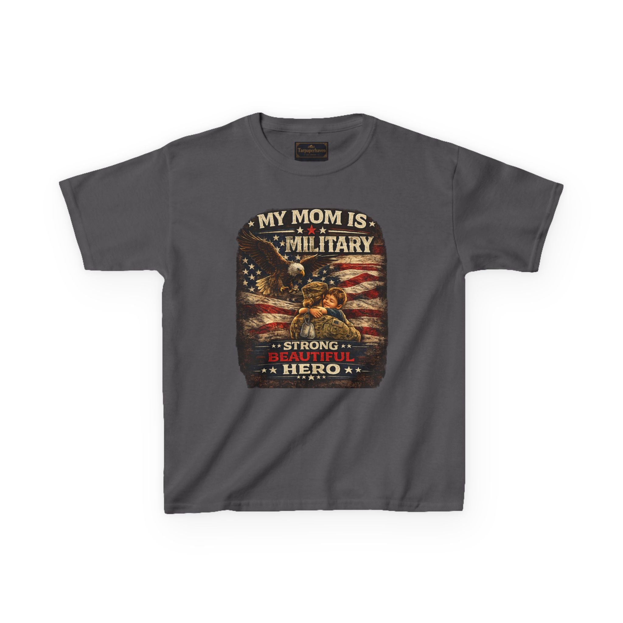 Kids Tee — "My Mom Is Military" Patriotic American Flag Shirt