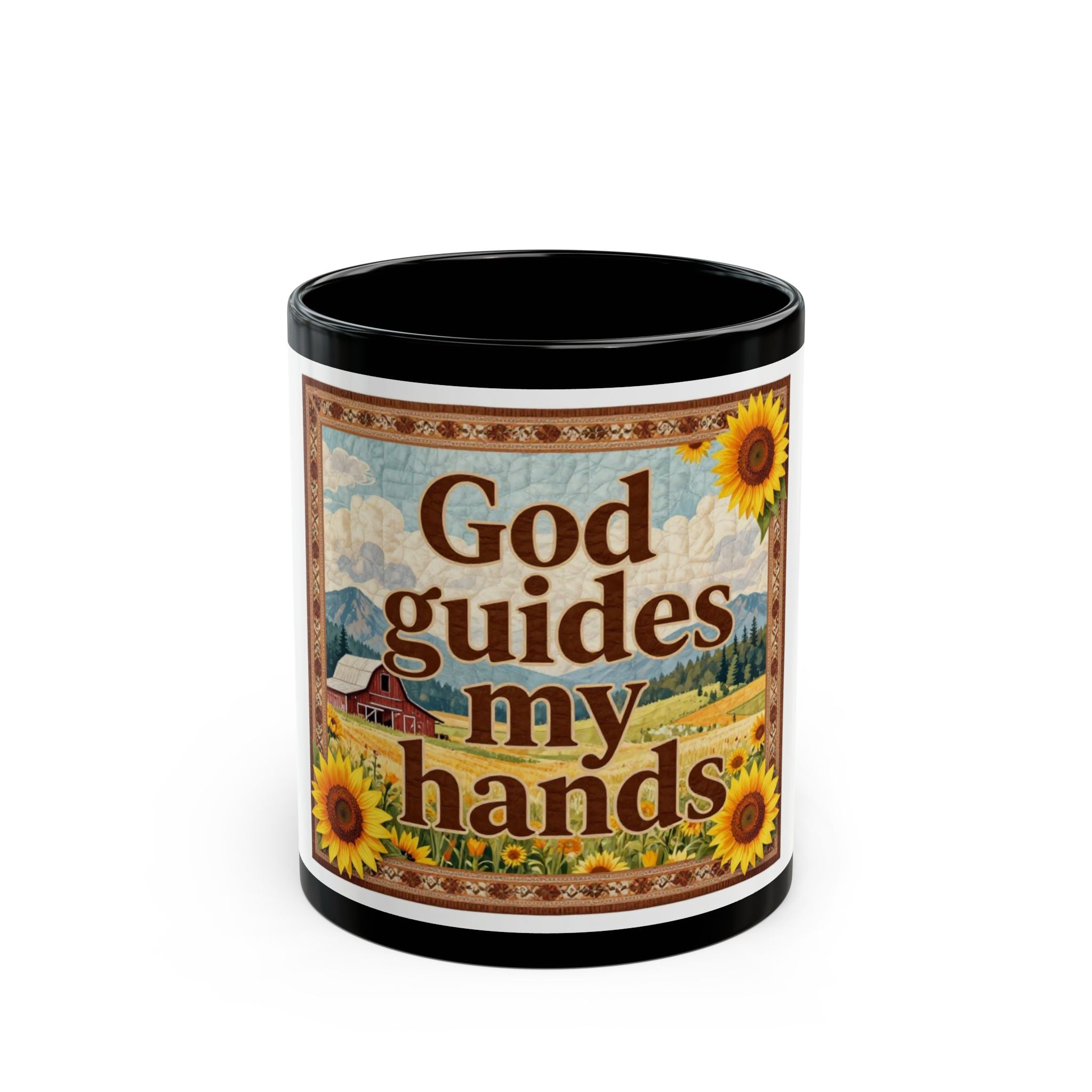 God Guides My Hands Mug — Faith Sunrise Sunflower Ceramic Coffee Cup (11oz/15oz)