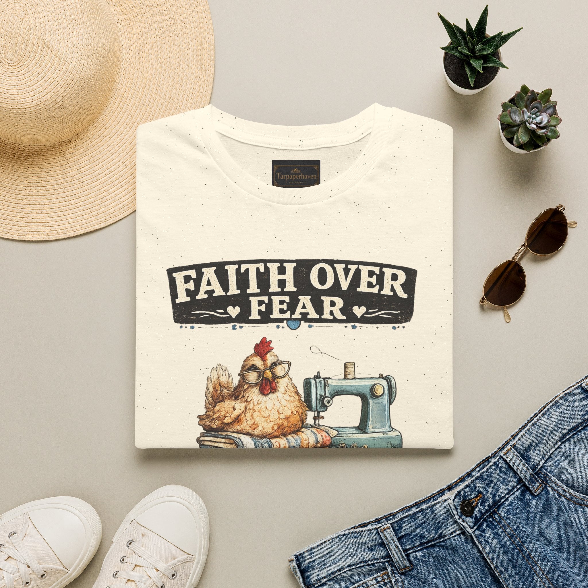 Faith Over Fear Quilting T‑Shirt — Chicken & Sewing Machine Graphic