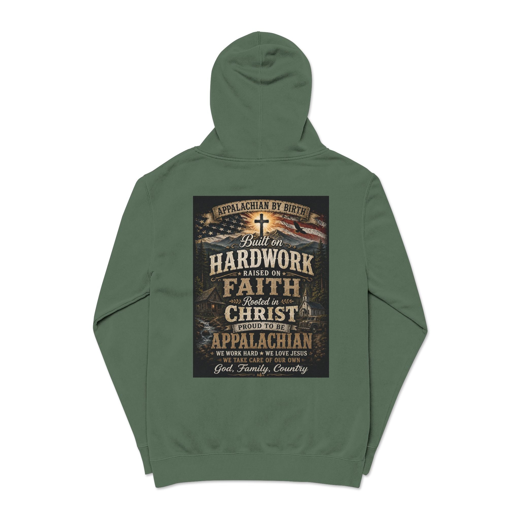 Appalachian Faith Hoodie — "Too Country to Care" Pigment-Dyed Pullover
