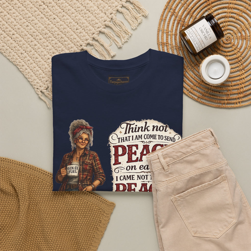 Christian Faith Tee — "I Come Not to Send Peace but a Sword" Matthew 10:34 Graphic Shirt