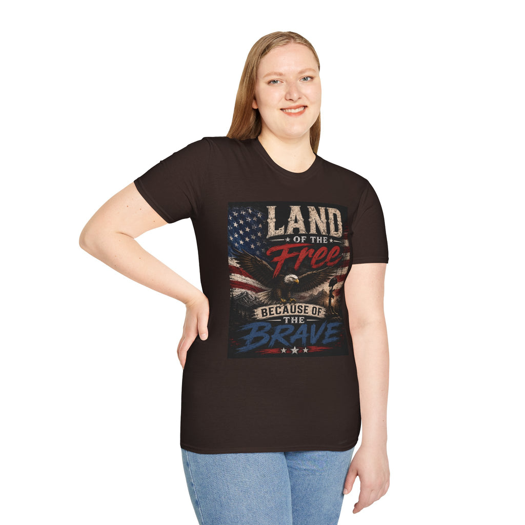 Land of the Free T‑Shirt — Vintage American Flag & Bald Eagle "Because of the Brave"