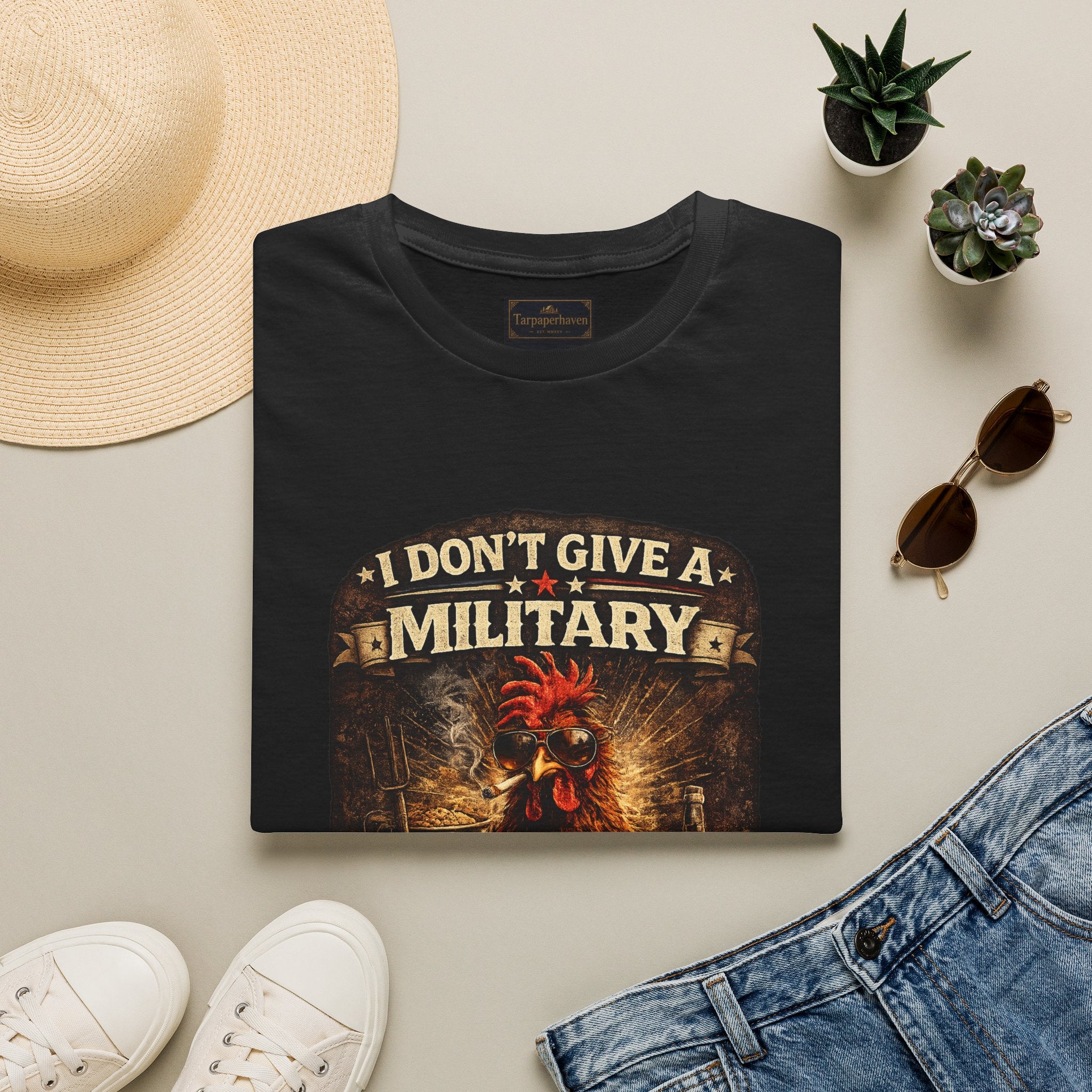 T‑Shirt — "I Don't Give A Military Cluck" Rooster Graphic Tee