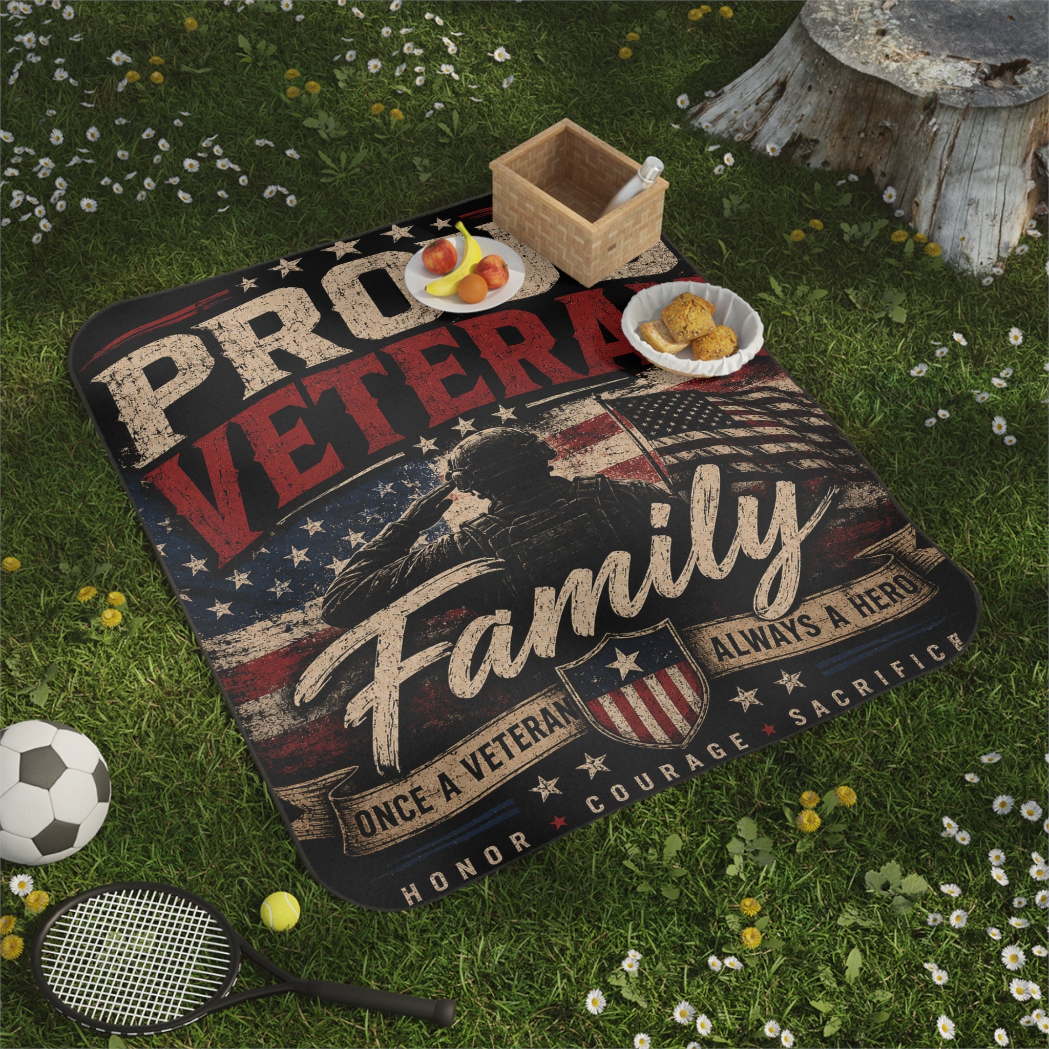 Proud Veteran Family Picnic Blanket — Patriotic American Flag Veterans Outdoor Blanket