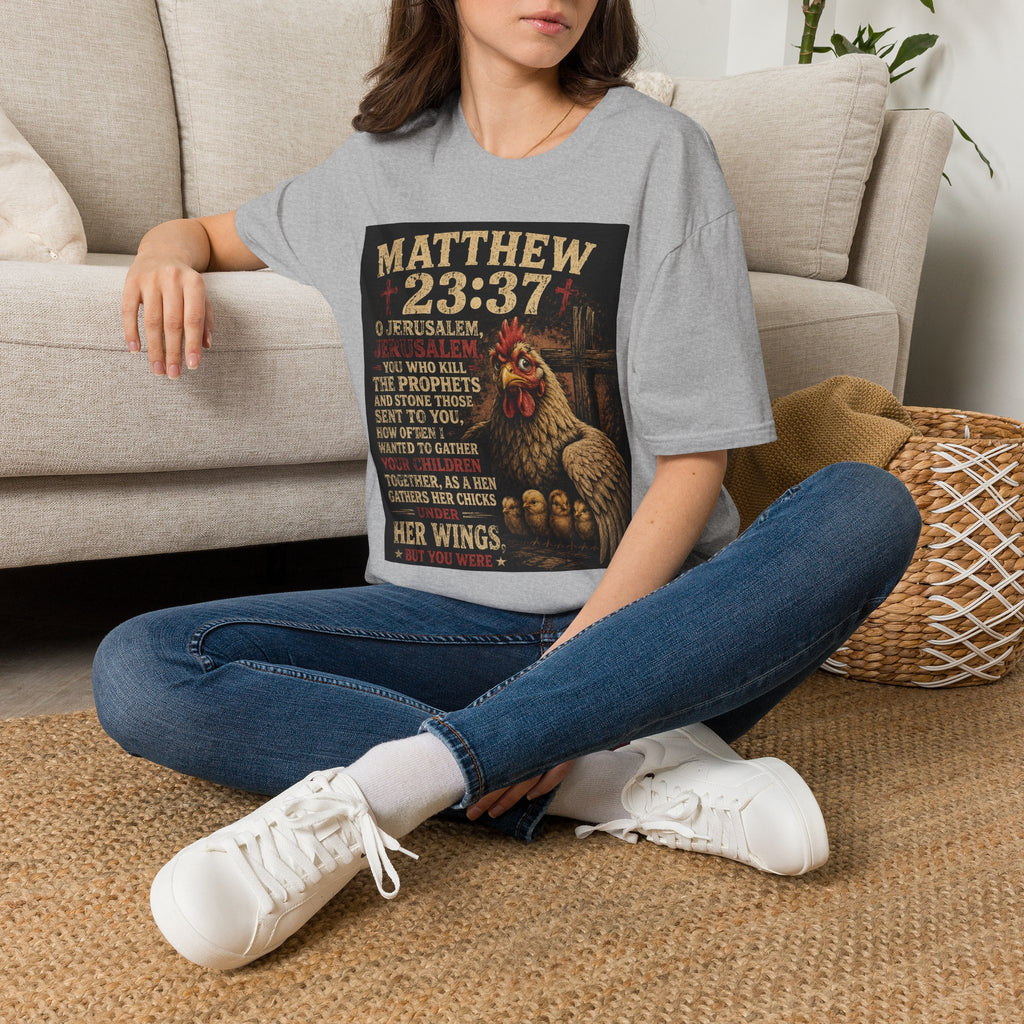 Matthew 23:37 Scripture T-Shirt — Jerusalem Biblical Verse Hen Design