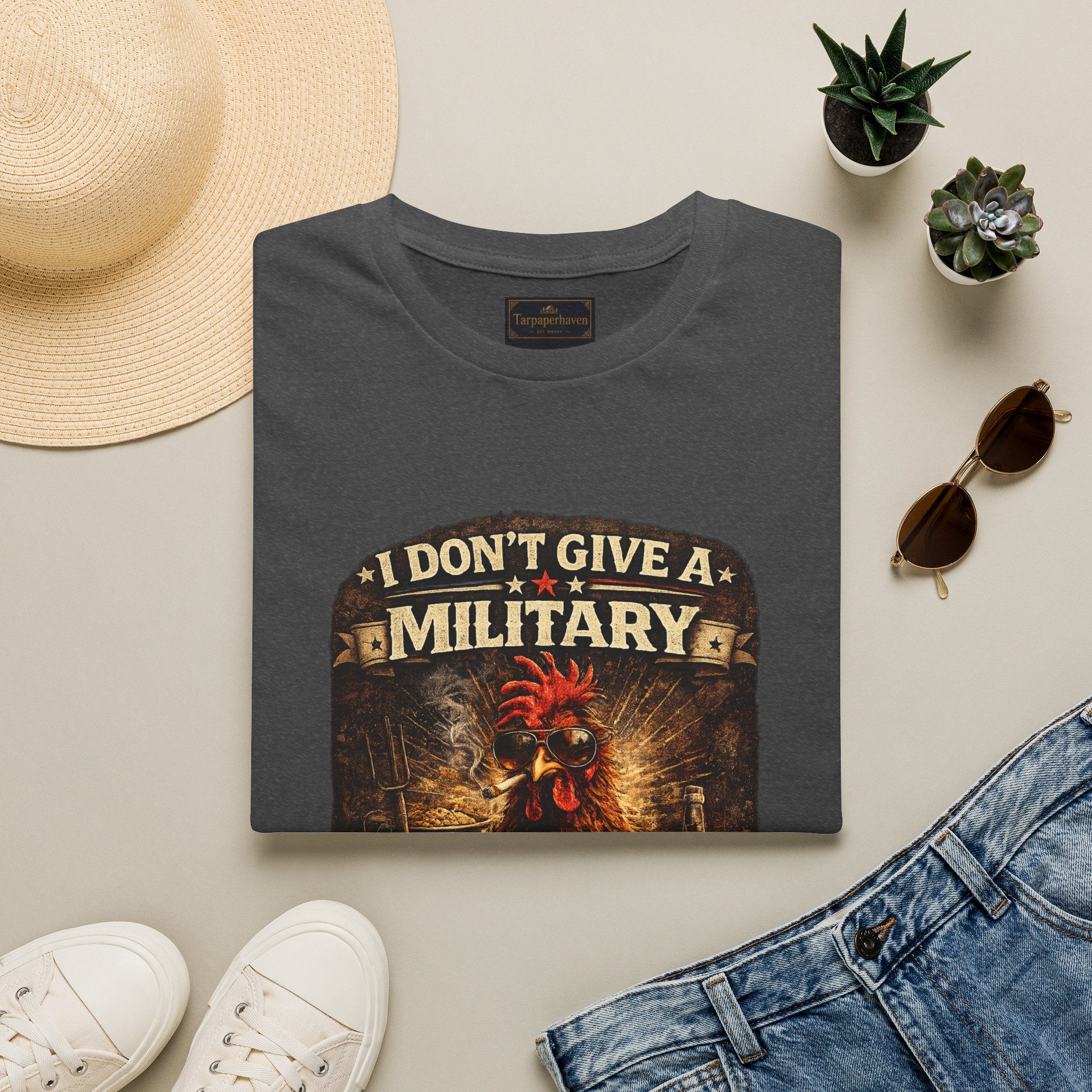 T‑Shirt — "I Don't Give A Military Cluck" Rooster Graphic Tee