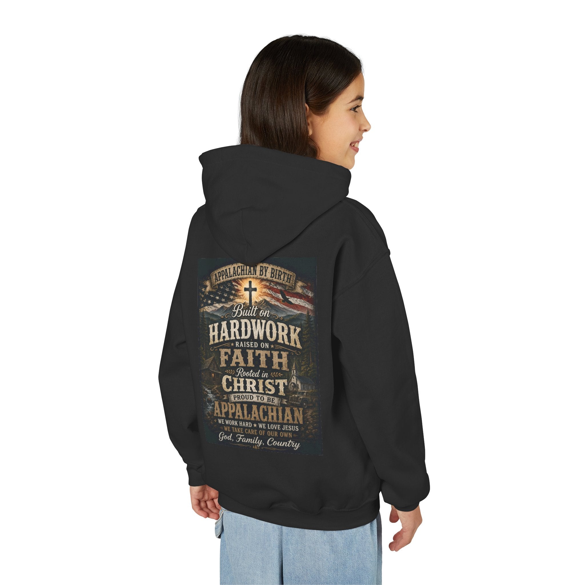 Youth Hoodie — 'Too Country to Care' / Appalachian Faith Graphic