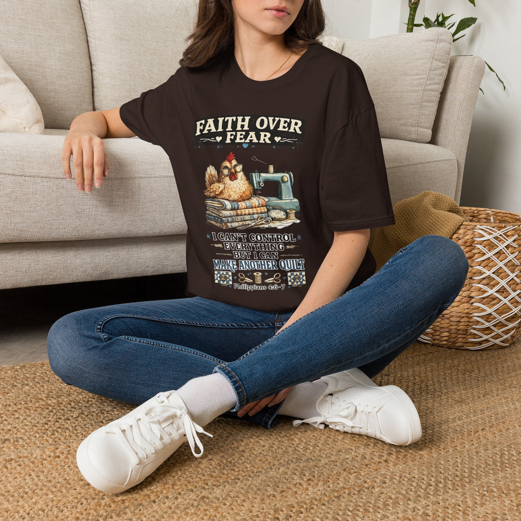Faith Over Fear Quilting T‑Shirt — Chicken & Sewing Machine Graphic