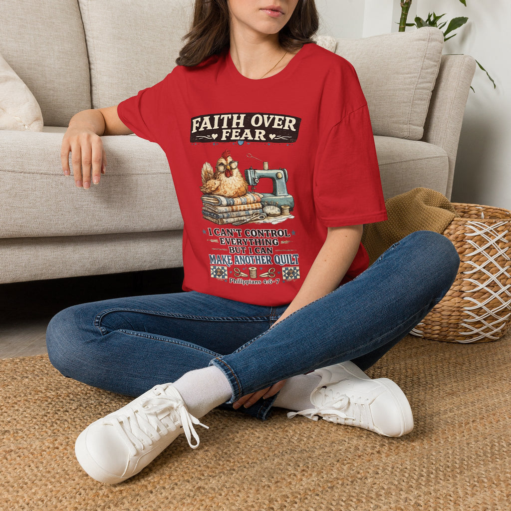 Faith Over Fear Quilting T‑Shirt — Chicken & Sewing Machine Graphic