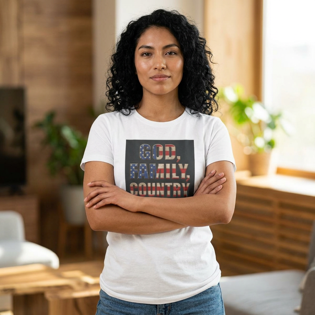 Women's Tee - "God. Family. Country." American Flag Patriotic Graphic
