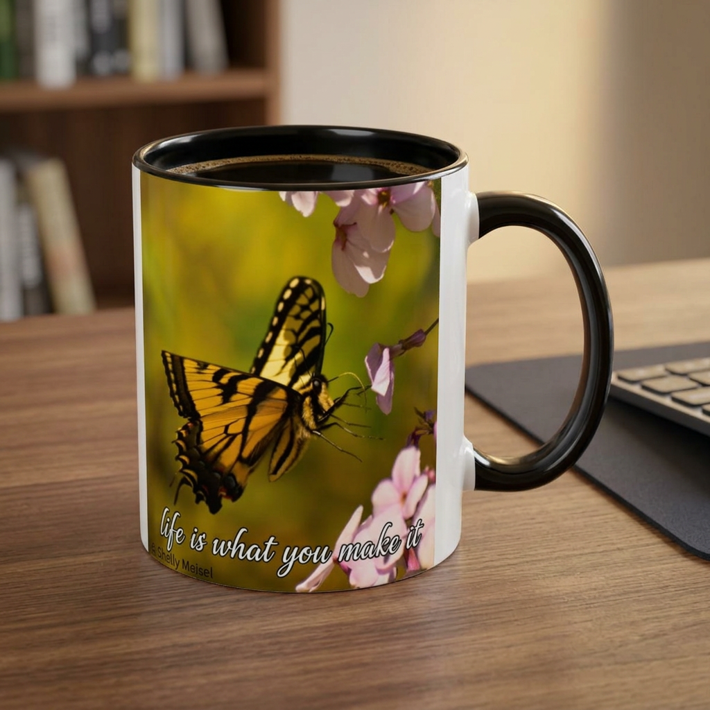 Butterfly Floral Mug — "Life Is What You Make It" Inspirational Coffee Cup