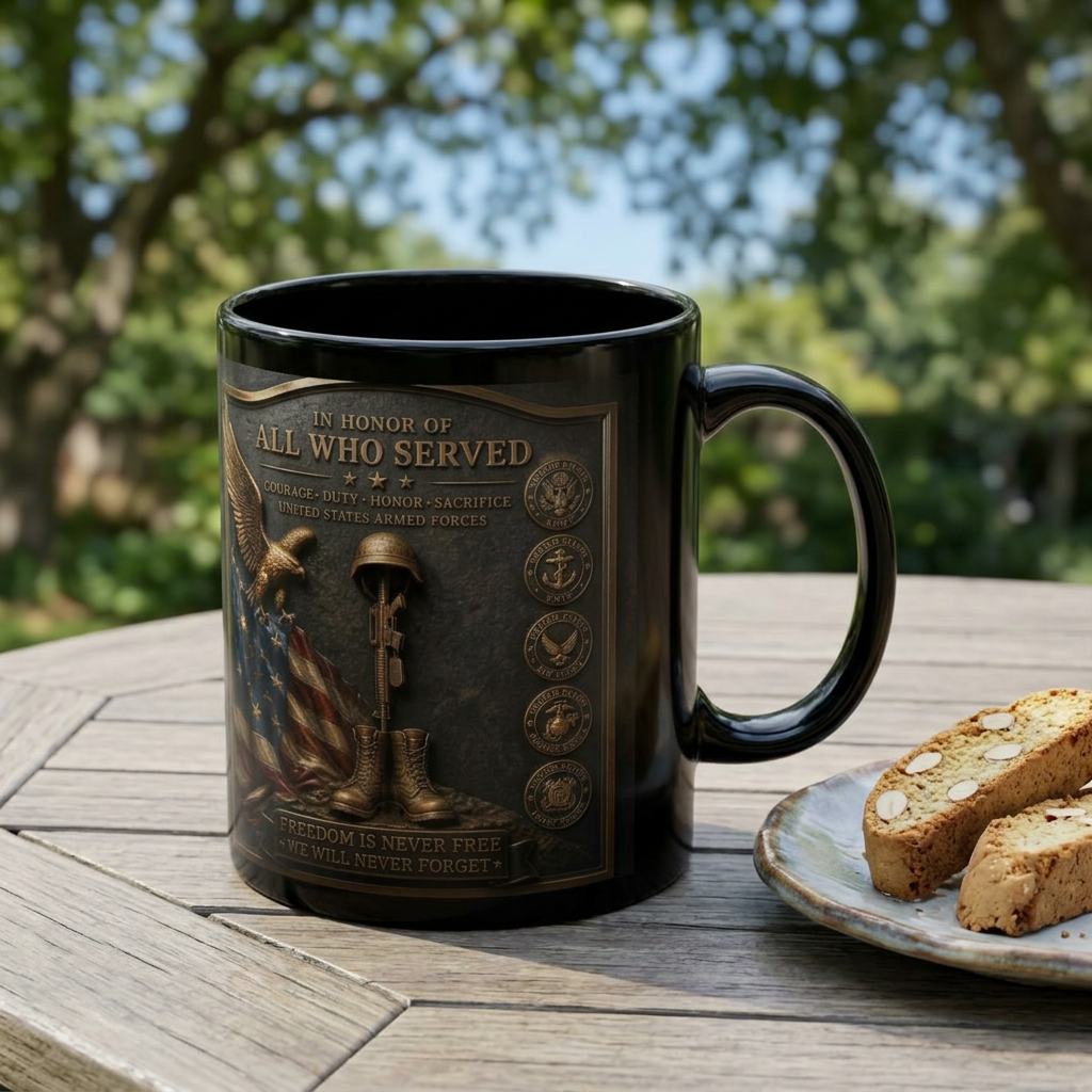 Patriotic Veteran Tribute Black Mug — "In Honor of All Who Served" Memorial Coffee Cup