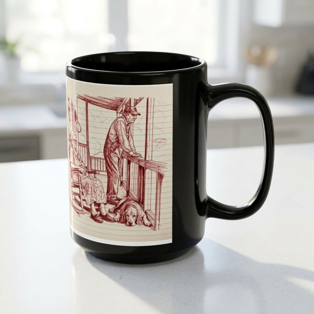 15oz Black Mug — Redwork Sketch Hill Folk  Coffee Cup